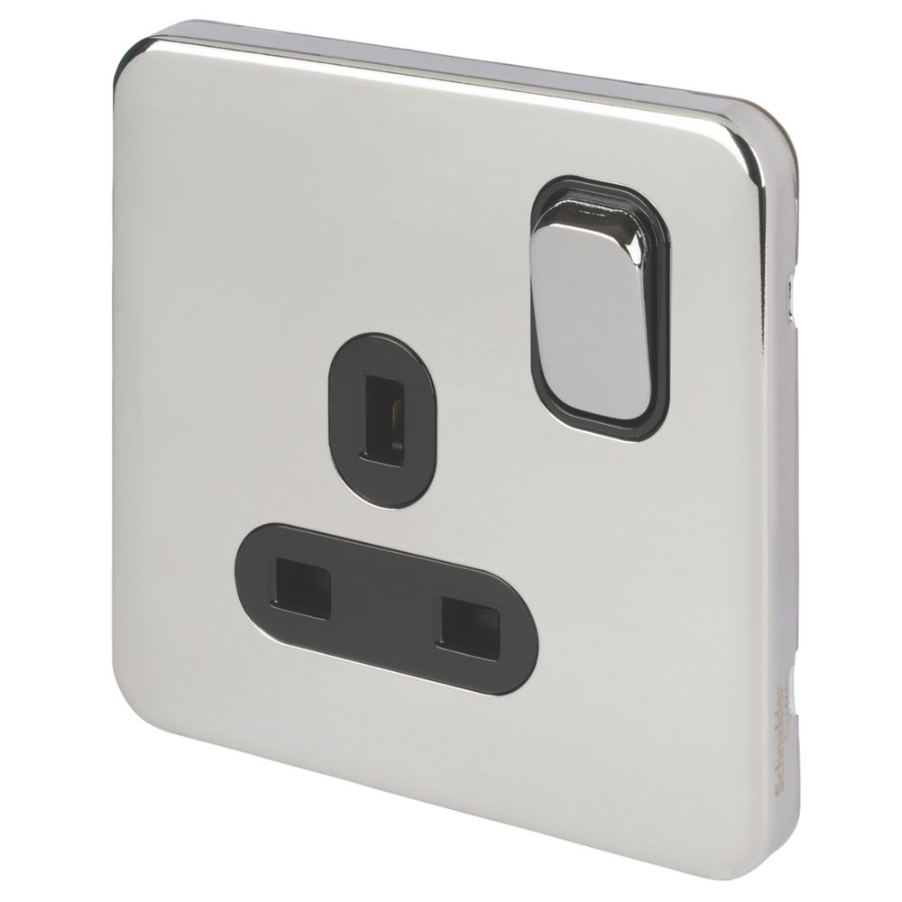 Image of Schneider Electric Lisse Deco 13A 1-Gang SP Switched Plug Socket Polished Chrome with Black Inserts 