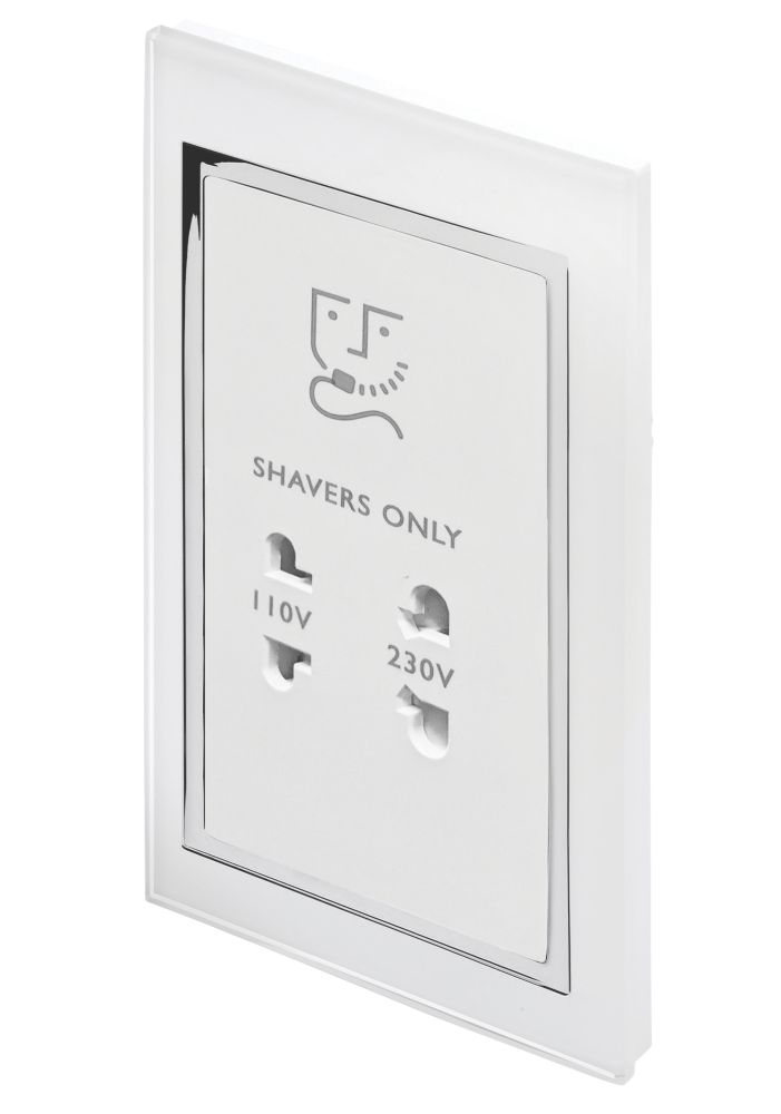 Image of Retrotouch Crystal 2-Gang Dual Voltage Shaver Socket 110 / 220V White Glass 