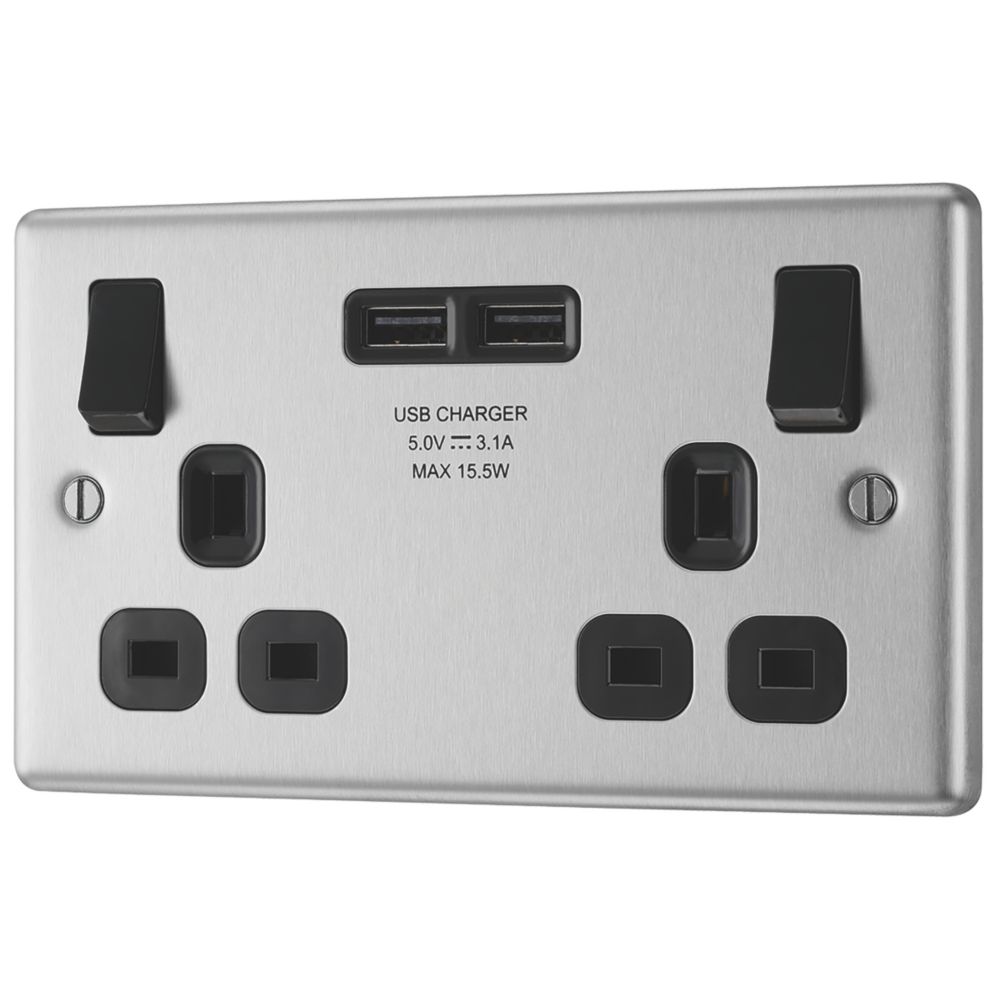 Image of LAP 13A 2-Gang SP Switched Socket + 3.1A 2-Outlet Type A USB Charger Brushed Stainless Steel with Black Inserts 