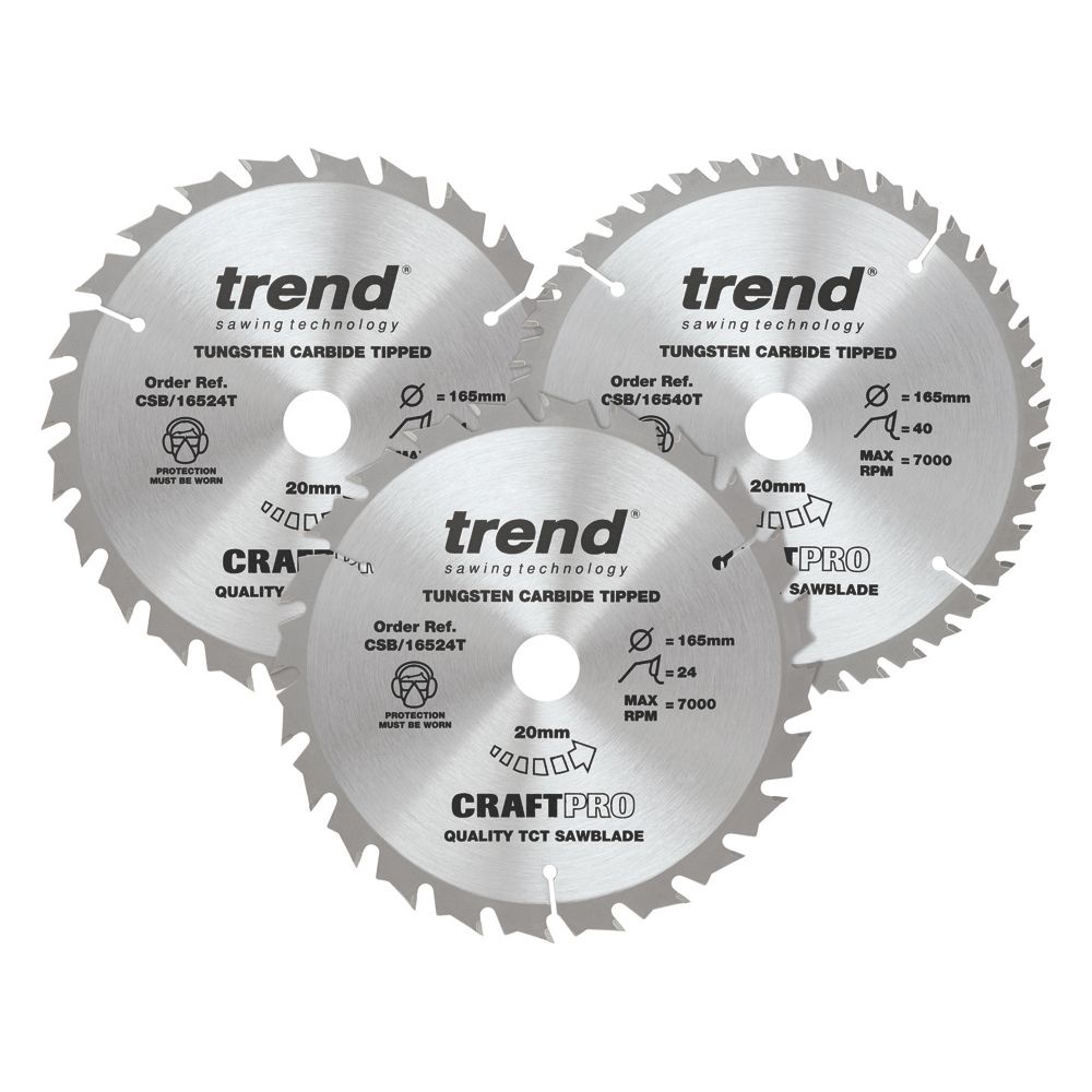 Image of Trend CraftPro CSB/165/3PK/C Wood TCT Circular Saw Blades CSB/165/3PK/C 165mm x 20mm 24 / 40T 3 Pack 