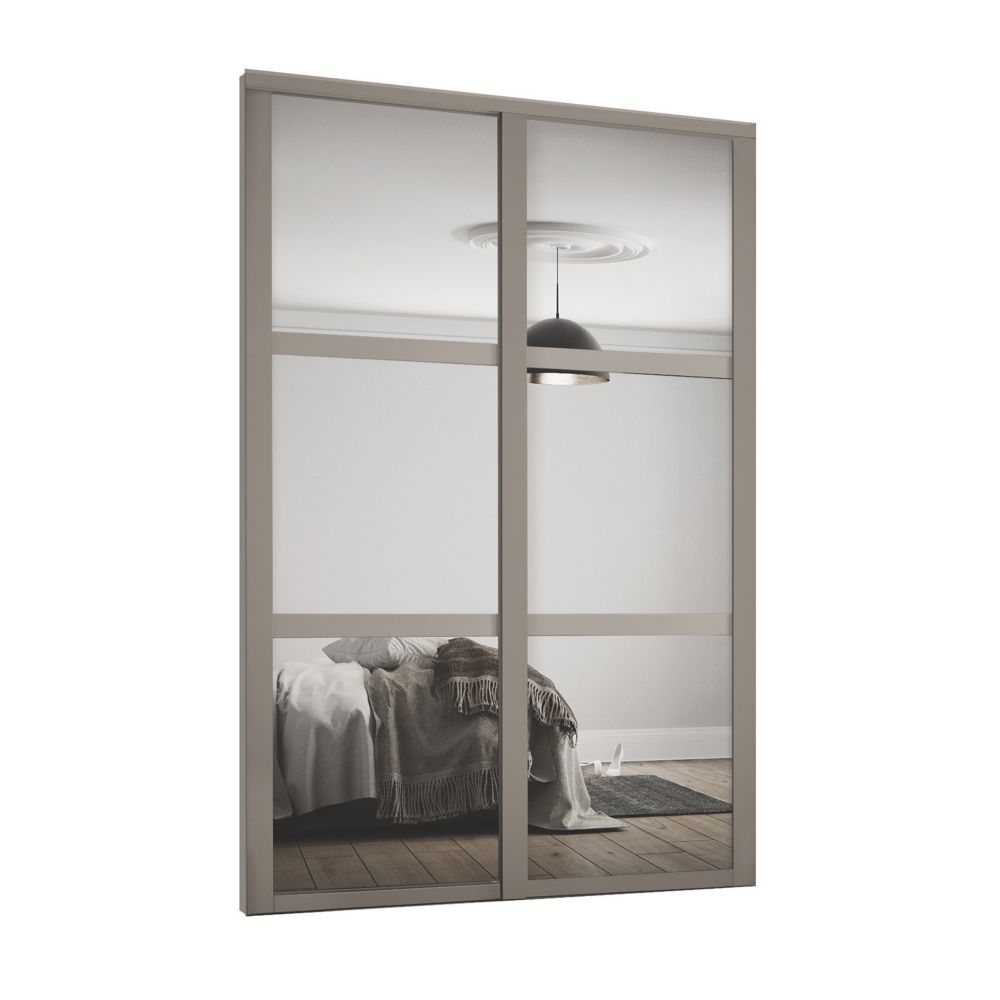Image of Spacepro Shaker 2-Door Sliding Wardrobe Door Kit Stone Grey Frame Mirror Panel 1489mm x 2260mm 