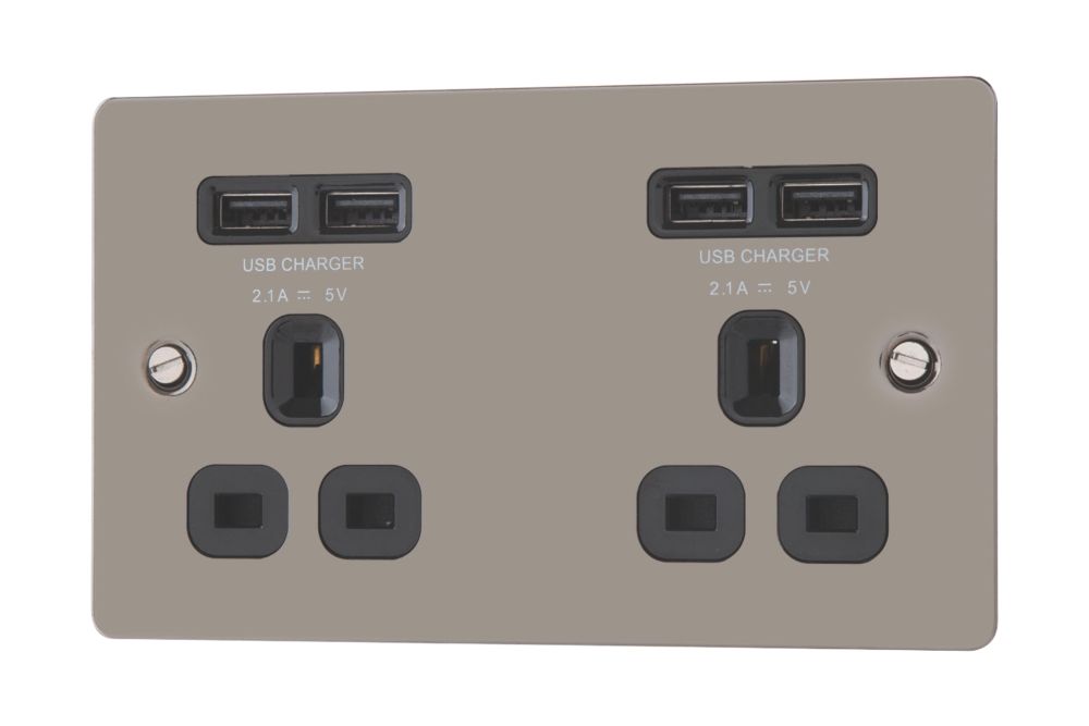Image of LAP 13A 2-Gang Unswitched Socket + 4.2A 4-Outlet Type A USB Charger Black Nickel with Black Inserts 
