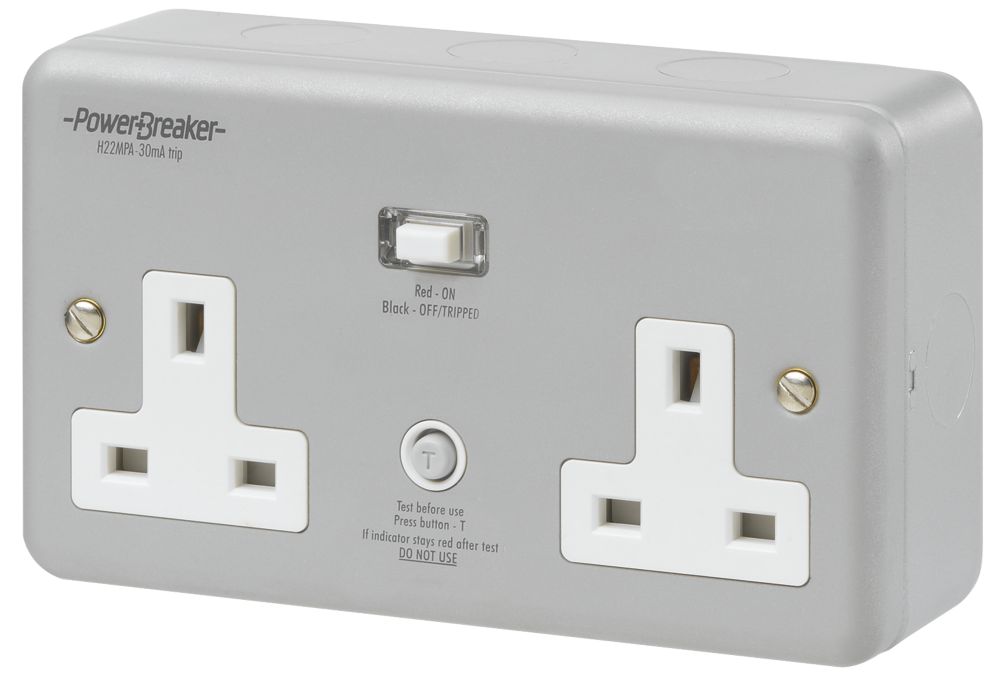 Image of PowerBreaker 13A 2-Gang Unswitched Metal Clad Passive RCD Socket with Neon with White Inserts 