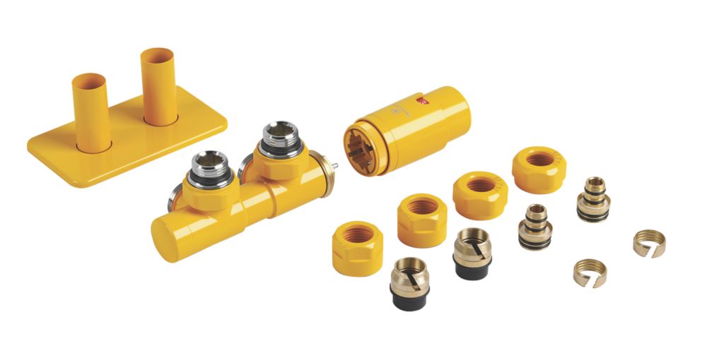 Image of Terma Twins All-in-One Integrated Mustard Angled Thermostatic TRV, Lockshield & Pipe Masking Set R/S 1/2" x 15mm 