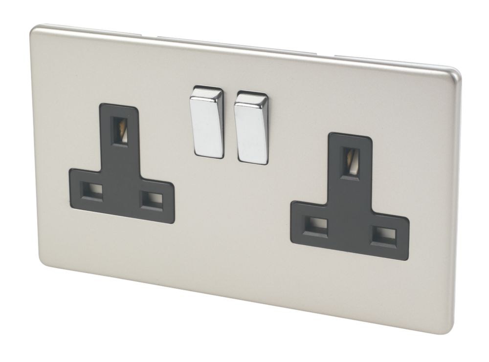 Image of Varilight 13AX 2-Gang DP Switched Plug Socket Satin Chrome with Black Inserts 