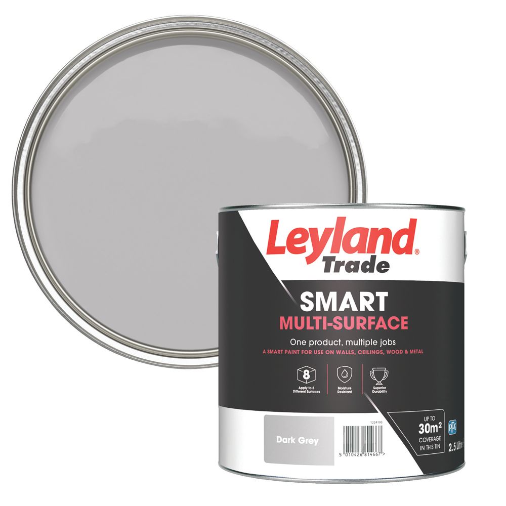 Image of Leyland Trade Smart Eggshell Dark Grey Emulsion Multi-Surface Paint 2.5Ltr 