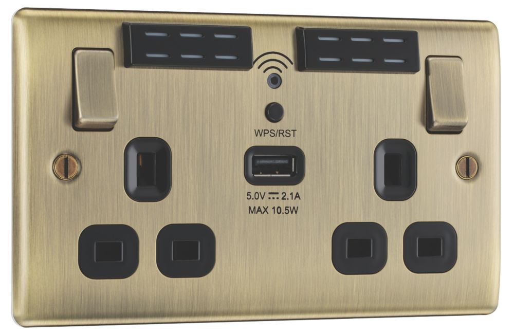 Image of British General Nexus Metal 13A 2-Gang SP Switched WiFi Extender + 2.1A 1-Outlet Type A USB Charger Antique Brass with Black Inserts 