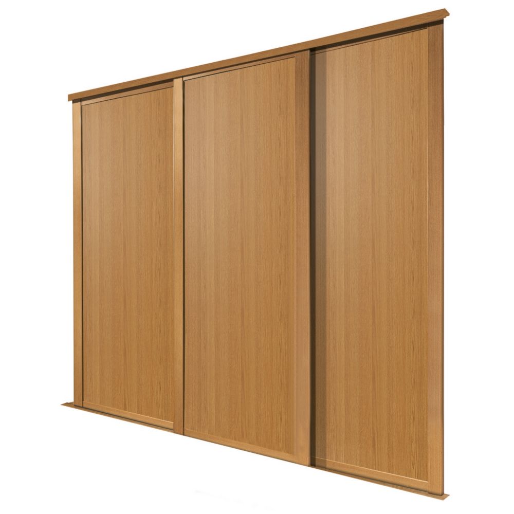 Image of Spacepro Shaker 3-Door Panel Sliding Wardrobe Doors Oak Frame Oak Panel 2592mm x 2260mm 