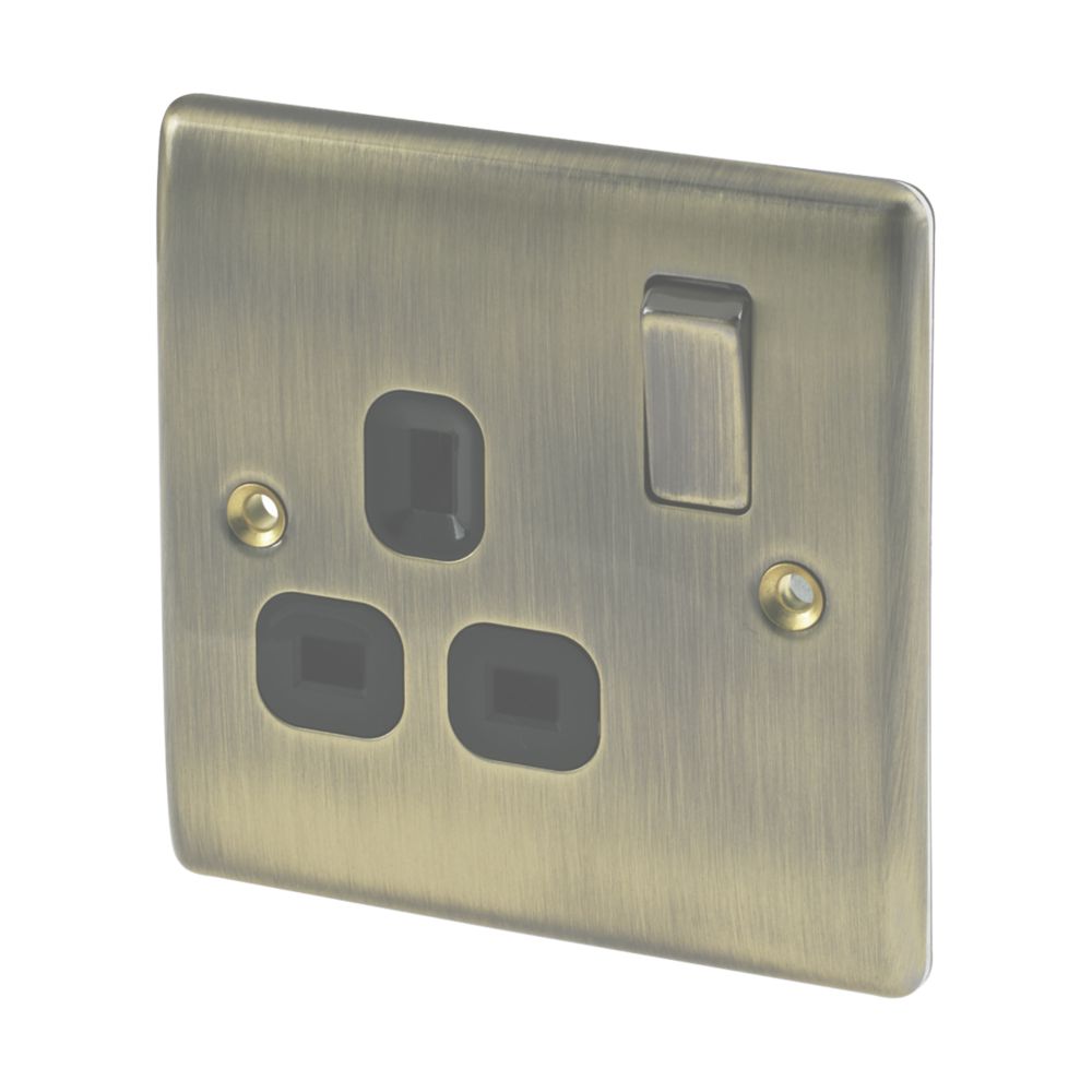 Image of British General Nexus Metal 13A 1-Gang DP Switched Plug Socket Antique Brass with Black Inserts 