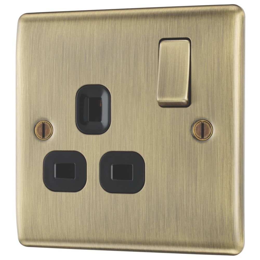 Image of British General Nexus Metal 13A 1-Gang DP Switched Plug Socket Antique Brass with Black Inserts 