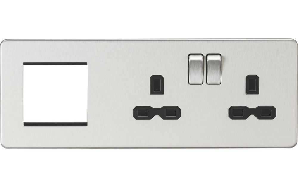 Image of Knightsbridge 13A 2-Gang DP Combination Plate Brushed Chrome with Black Inserts 