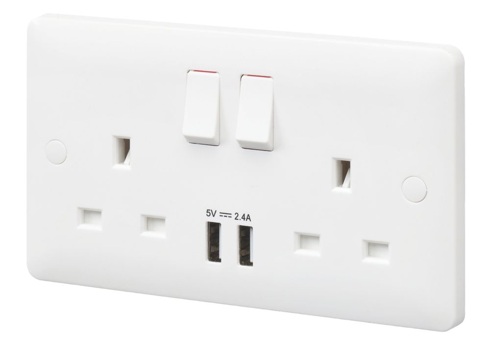 Image of MK Base 13A 2-Gang SP Switched Socket + 2.4A 2-Outlet Type A USB Charger White with White Inserts 