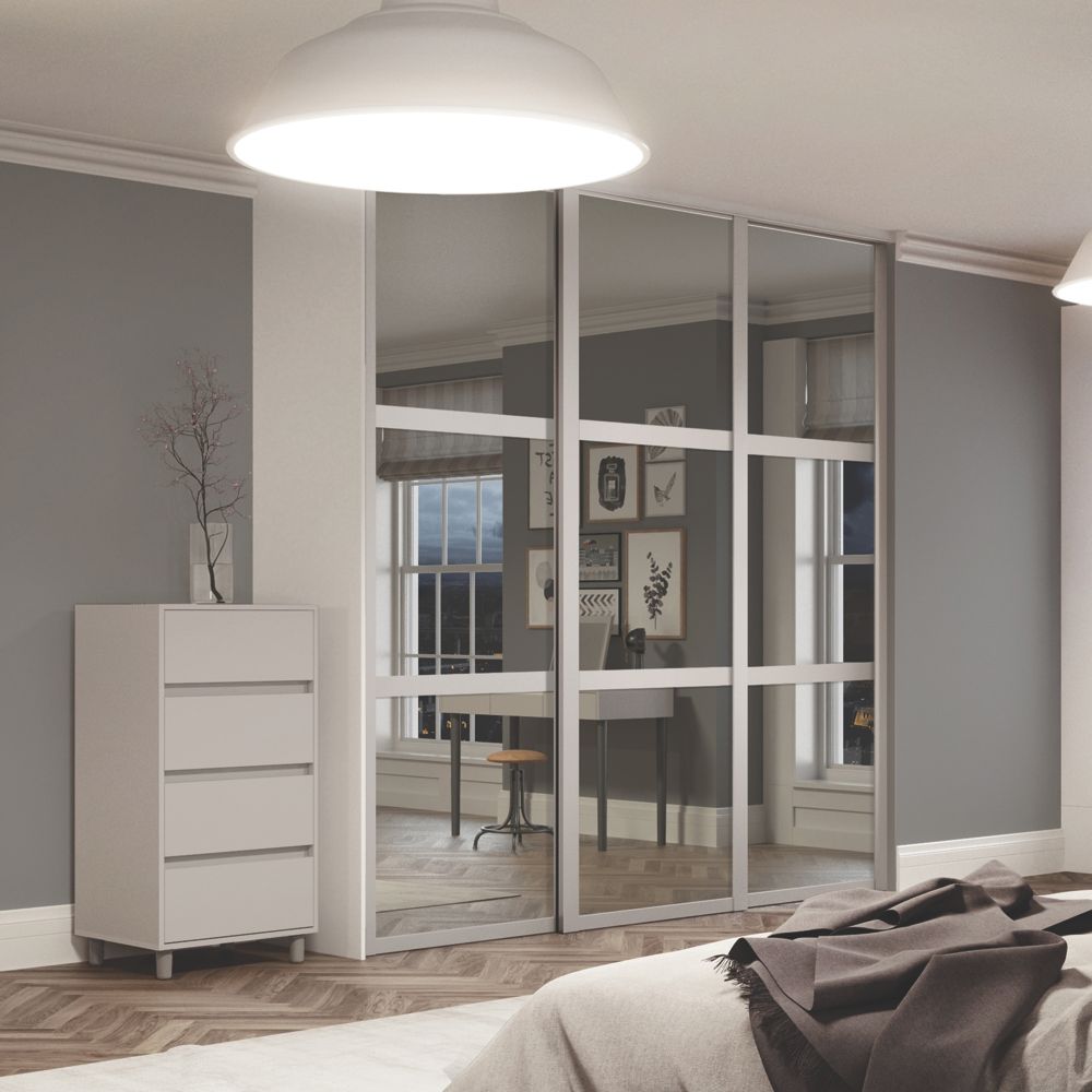 Image of Spacepro Shaker 3-Door Sliding Wardrobe Door Kit Cashmere Frame Mirror Panel 1760mm x 2260mm 