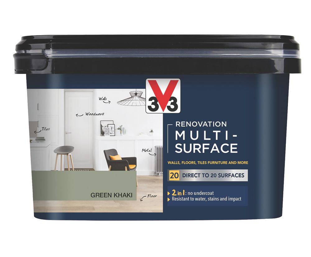 Image of V33 Satin Green Khaki Acrylic Renovation Multi-Surface Paint 2Ltr 
