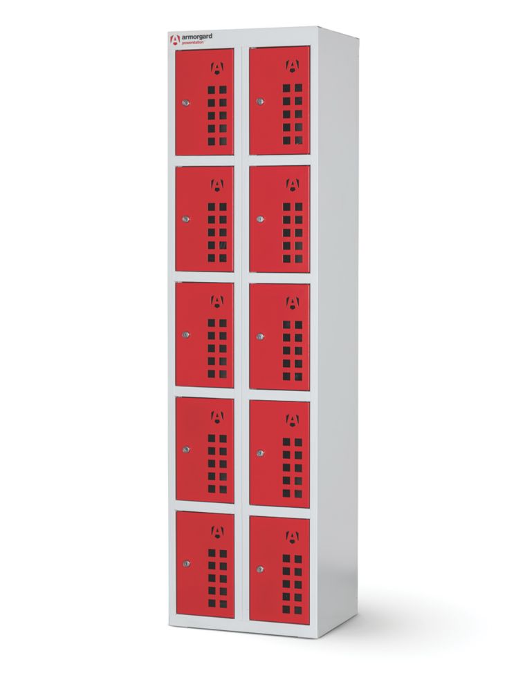Image of Armorgard PWS10 10-Door Tool & Equipment Storage with Charging Sockets Light Grey with Red Doors 