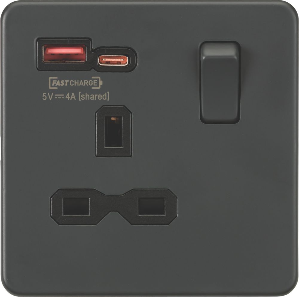 Image of Knightsbridge 13A 1-Gang SP Switched Socket + 4.0A 2-Outlet Type A & C USB Charger Anthracite with Black Inserts 