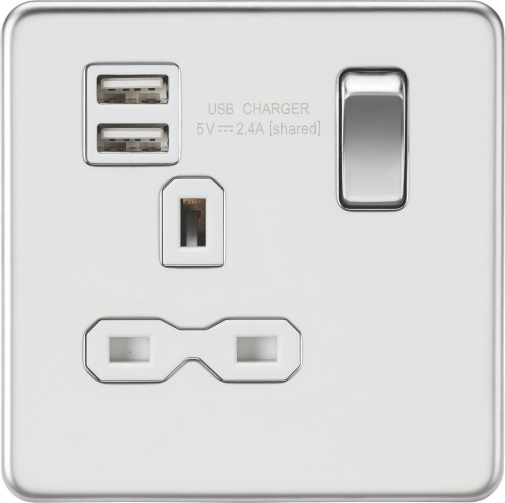 Image of Knightsbridge 13A 1-Gang SP Switched Socket + 2.1A 2-Outlet Type A USB Charger Polished Chrome with White Inserts 