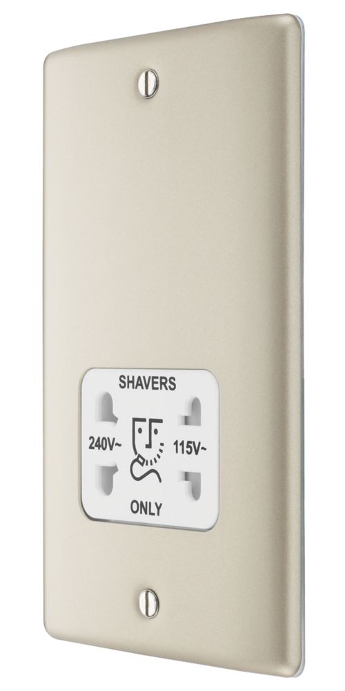 Image of British General Nexus Metal 2-Gang Dual Voltage Shaver Socket 115/240V Pearl Nickel with White Inserts 