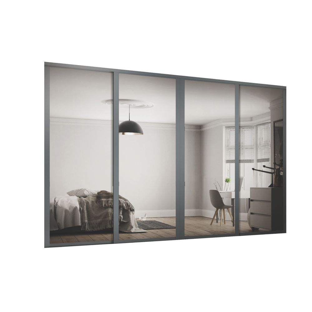 Image of Spacepro Shaker 4-Door Sliding Wardrobe Door Kit Graphite Frame Mirror Panel 3586mm x 2260mm 