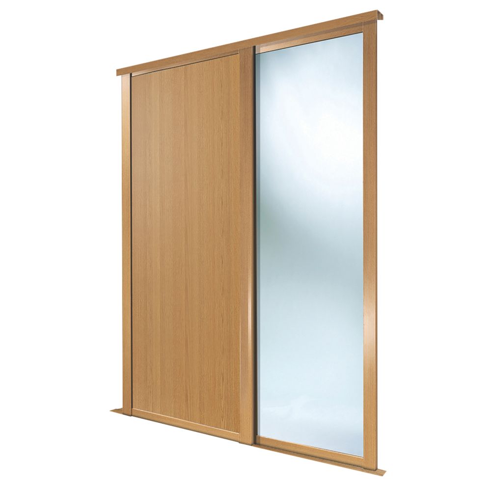 Image of Spacepro Shaker 2-Door Sliding Wardrobe Door Kit Oak Frame Oak / Mirror Panel 1753mm x 2260mm 