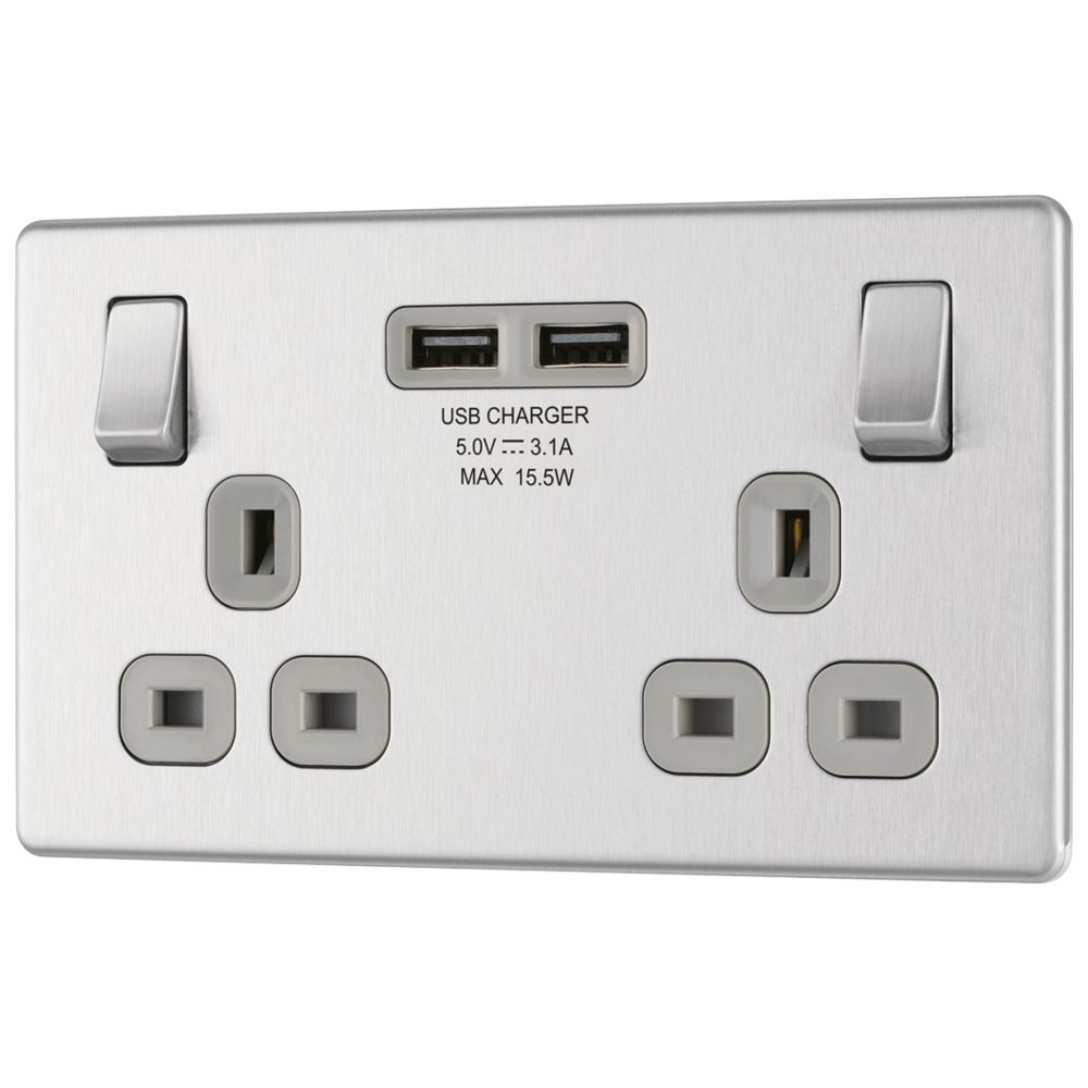 Image of LAP 13A 2-Gang DP Switched Socket + 3.1A 2-Outlet Type A USB Charger Brushed Stainless Steel with Graphite Inserts 