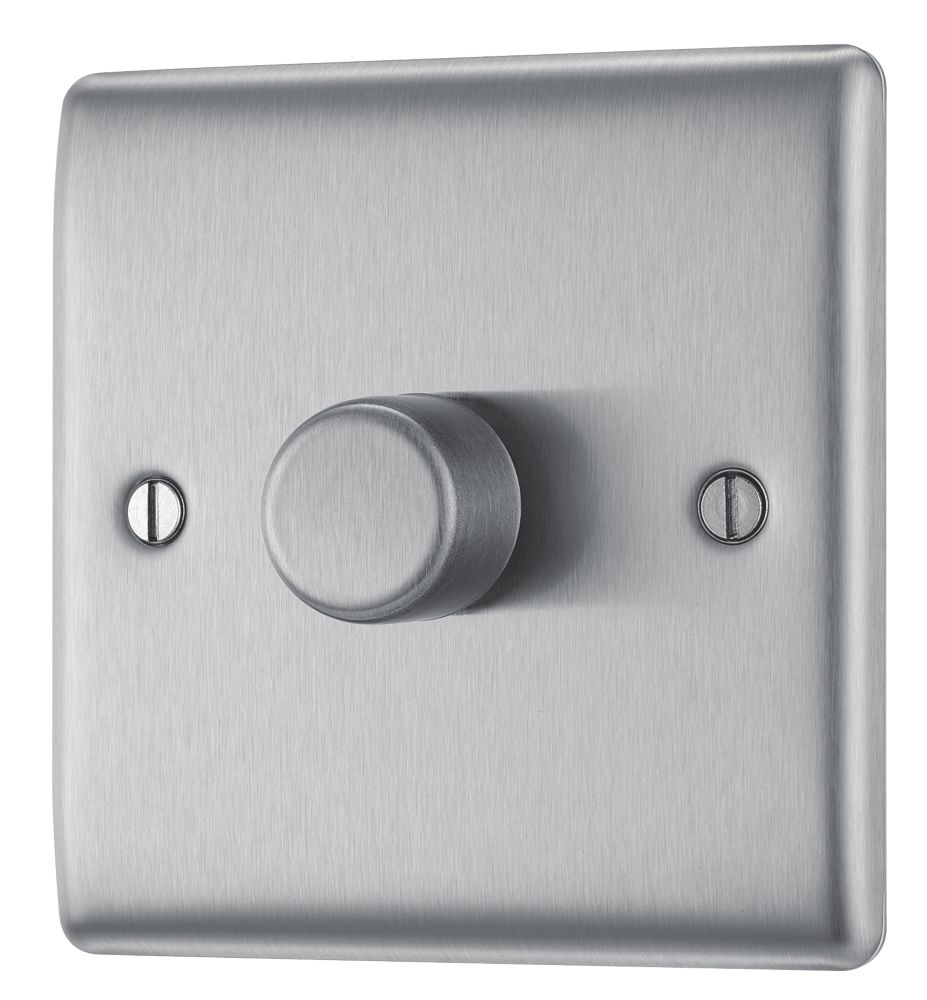 Image of British General Nexus Metal 1-Gang 2-Way LED Dimmer Switch Brushed Steel 