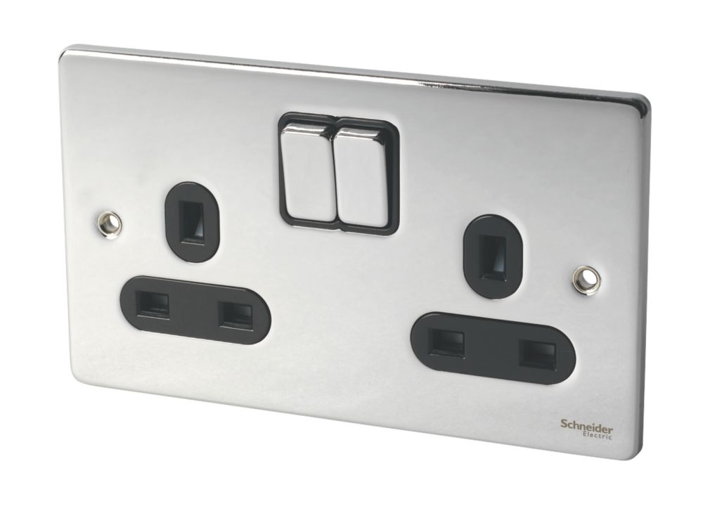 Image of Schneider Electric Ultimate Low Profile 13A 2-Gang SP Switched Plug Socket Polished Chrome with Black Inserts 