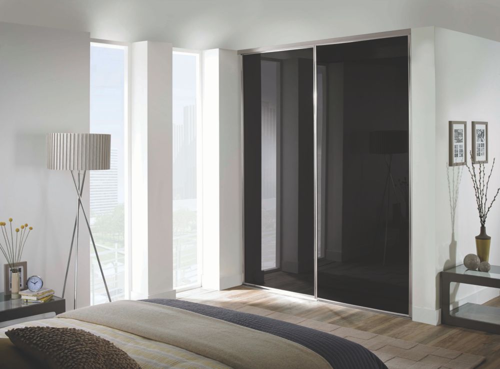 Image of Spacepro Classic 2-Door Framed Glass Sliding Wardrobe Doors Black Frame Black Panel 1793mm x 2260mm 