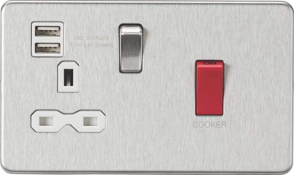 Image of Knightsbridge 45 & 13A 1-Gang DP Cooker Switch & 13A DP Switched Socket + 2.4A 2-Outlet Type A USB Charger Brushed Chrome with White Inserts 