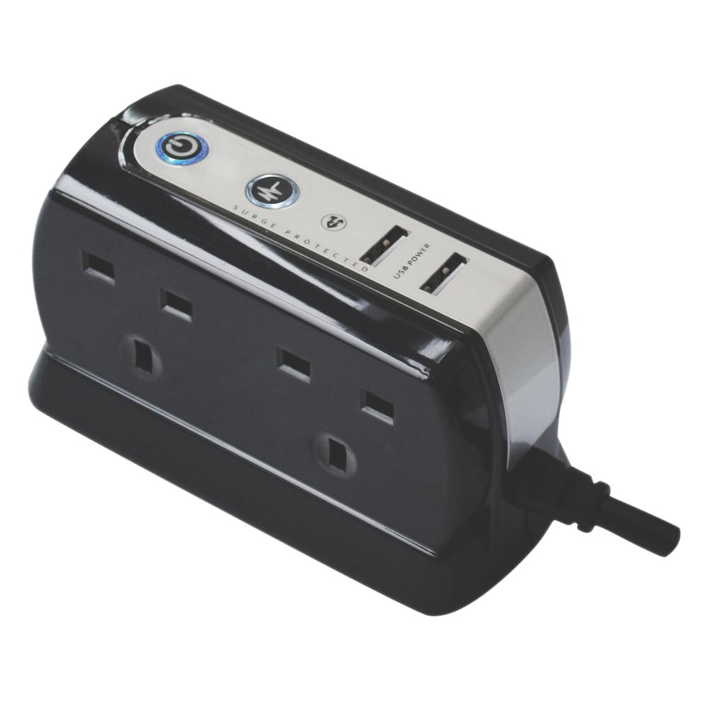 Image of Masterplug 13A 4-Gang Unswitched Surge-Protected Extension Lead + 2.1A 2-Outlet Type A USB Charger Gloss Black 1m 