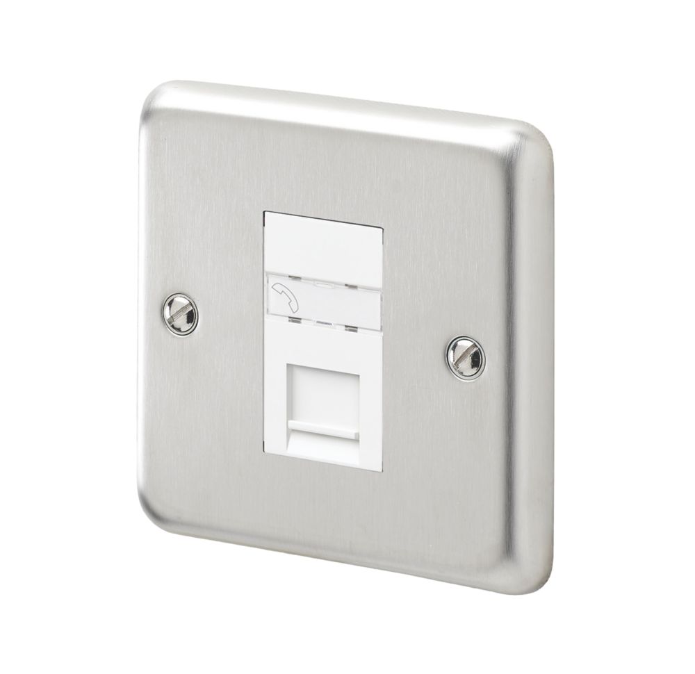 Image of MK Contoura Master Telephone Socket Brushed Stainless Steel with White Inserts 