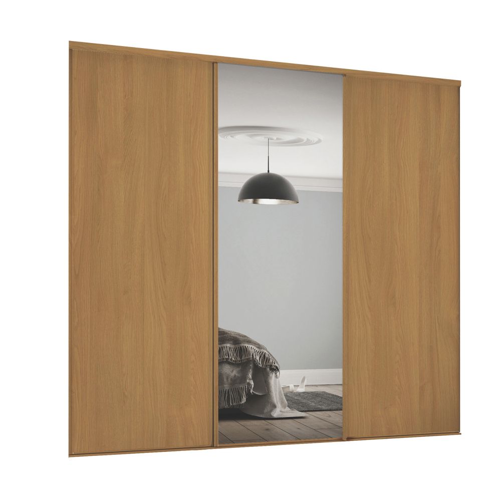 Image of Spacepro Classic 3-Door Sliding Wardrobe Door Kit Oak Frame Oak / Mirror Panel 1760mm x 2260mm 