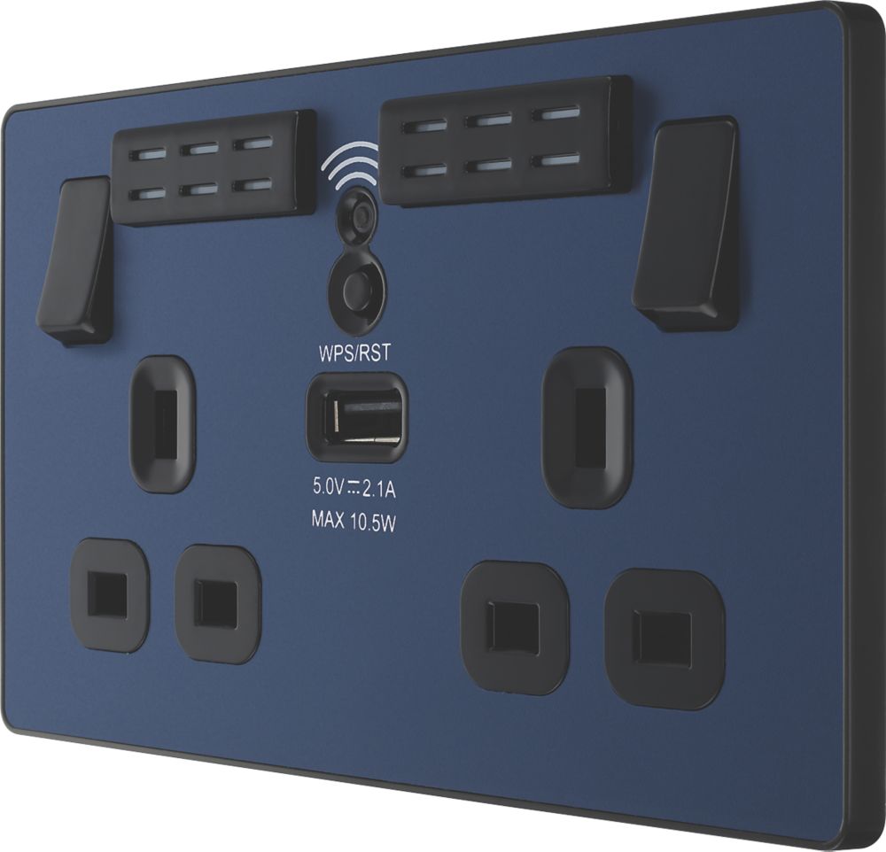 Image of British General Evolve 13A 2-Gang SP Switched Double Socket With WiFi Extender + 2.1A 1-Outlet Type A USB Charger Blue with Black Inserts 