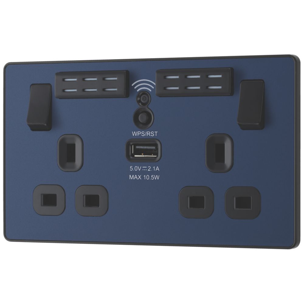 Image of British General Evolve 13A 2-Gang SP Switched Double Socket With WiFi Extender + 2.1A 1-Outlet Type A USB Charger Blue with Black Inserts 