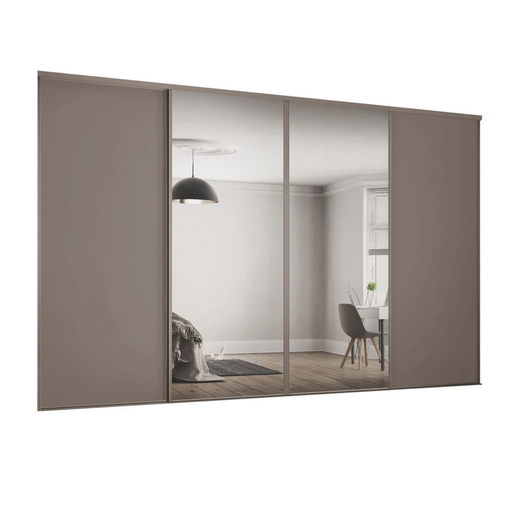 Image of Spacepro Classic 4-Door Sliding Wardrobe Door Kit Stone Grey Frame Stone Grey / Mirror Panel 2370mm x 2260mm 