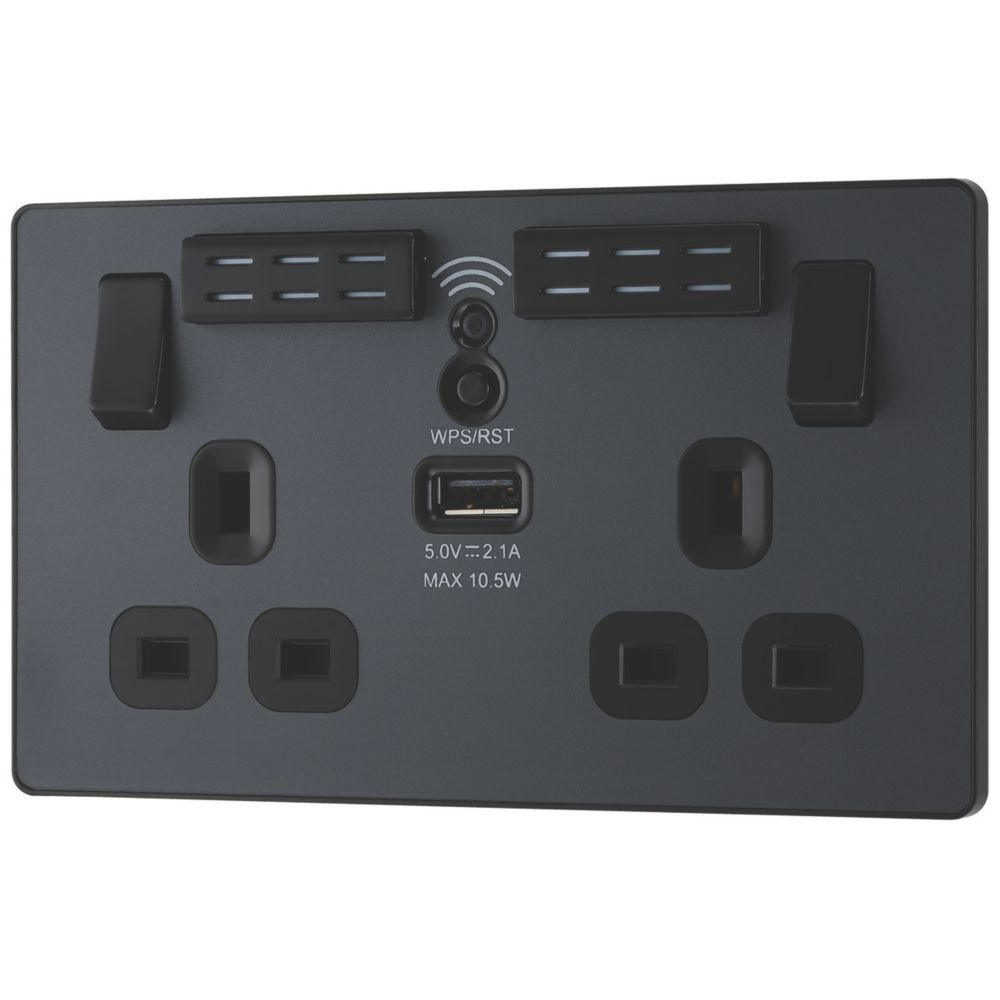 Image of British General Evolve 13A 2-Gang SP Switched Double Socket With WiFi Extender + 2.1A 1-Outlet Type A USB Charger Grey with Black Inserts 