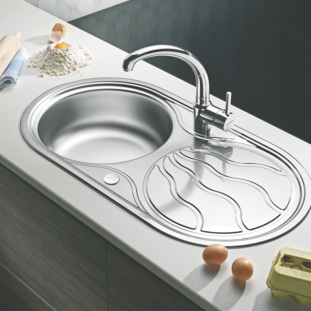 Image of Swirl Twig Round 1 Bowl Stainless Steel Reversible Inset Sink & Drainer Grey 850mm x 450mm 