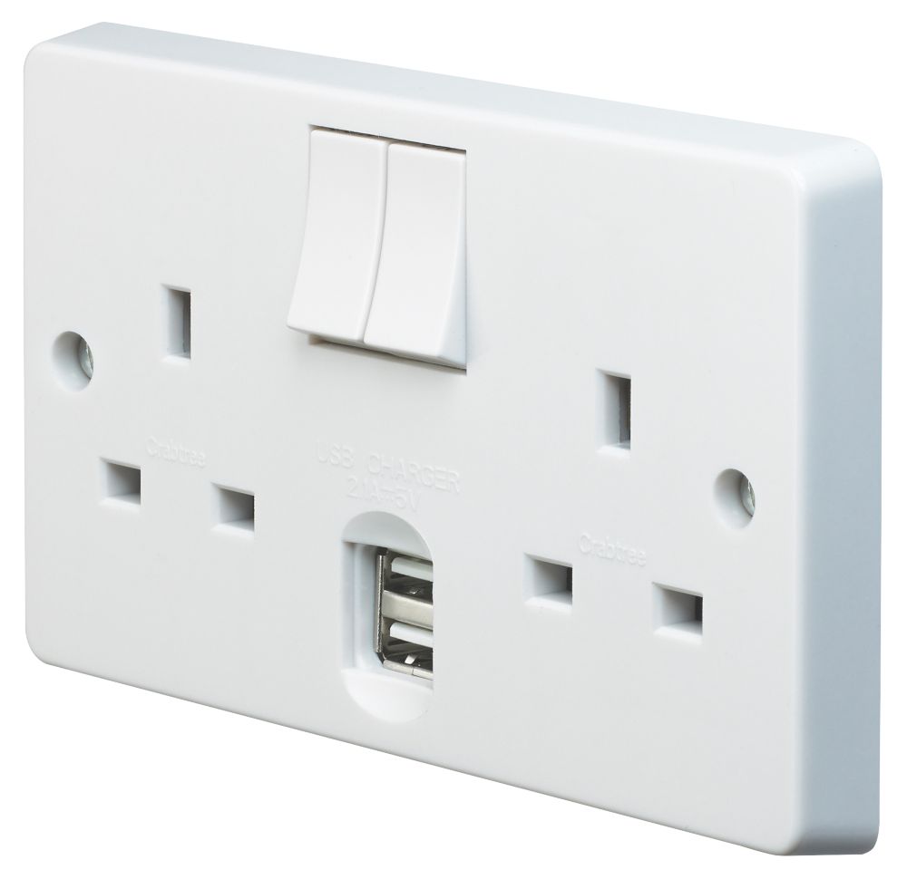 Image of Crabtree Capital 13A 2-Gang DP Switched Socket + 2.1A 2-Outlet Type A USB Charger White 