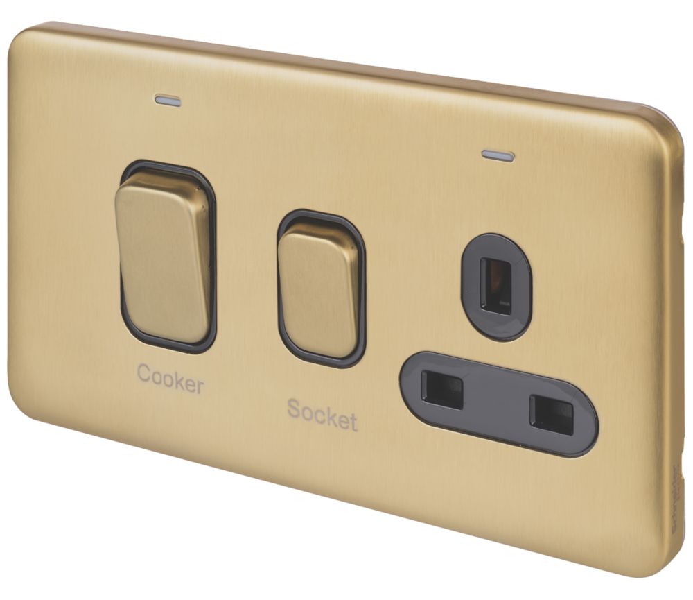 Image of Schneider Electric Lisse Deco 45A 2-Gang DP Cooker Switch & 13A DP Switched Socket Satin Brass with LED with Black Inserts 