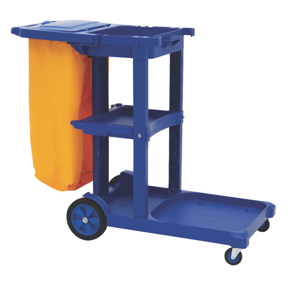 Image of Blue 3-Shelf Cleaning Trolley with Bag & Lid 