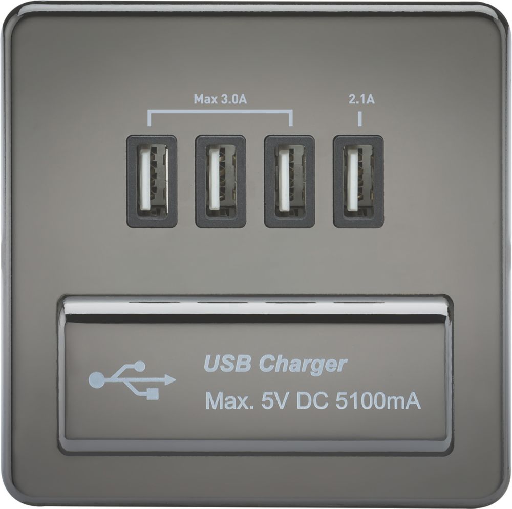 Image of Knightsbridge 5.1A 4-Outlet Type A USB Socket Black Nickel with Black Inserts 
