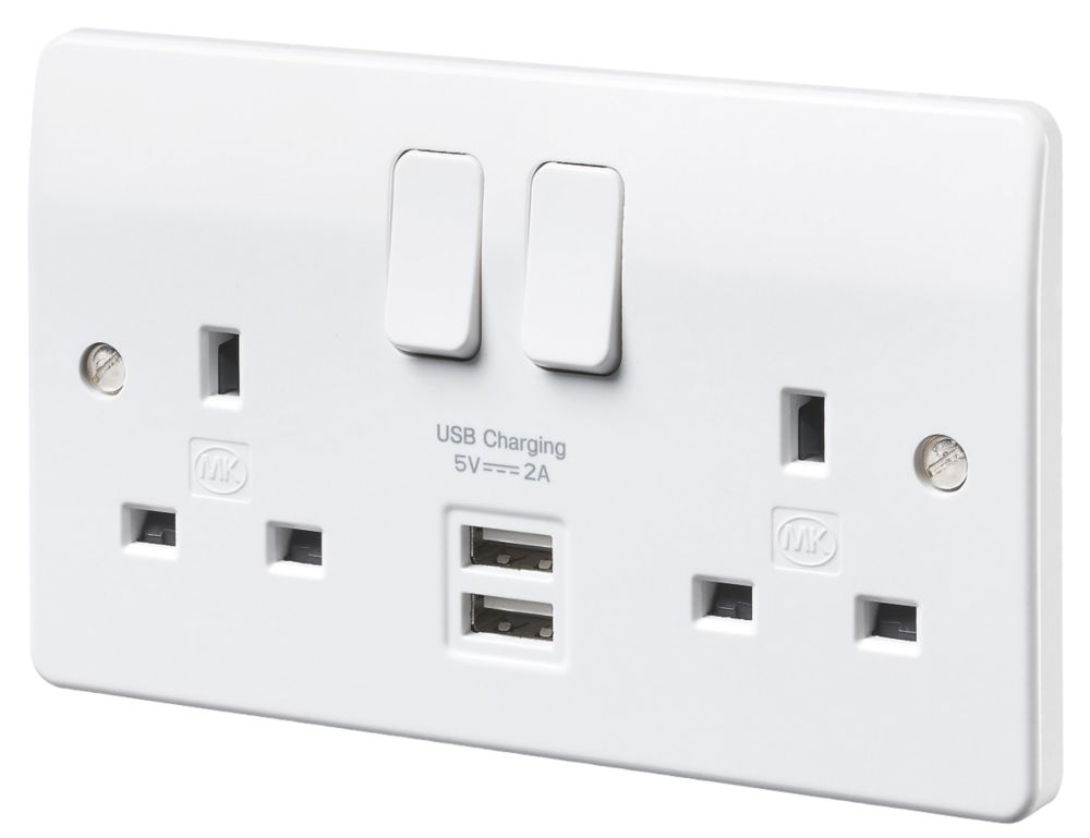 Image of MK Logic Plus 13A 2-Gang DP Switched Socket + 2A 2-Outlet Type A USB Charger White 