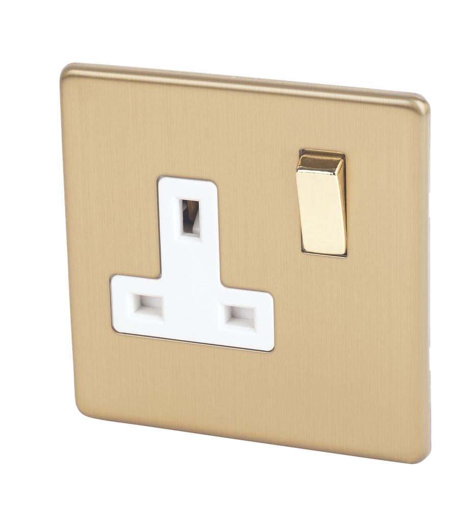 Image of Varilight 13AX 1-Gang DP Switched Plug Socket Brushed Brass with White Inserts 