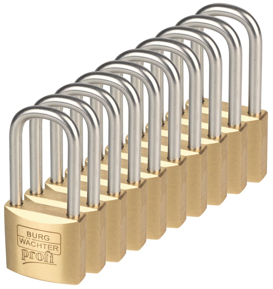 Image of Burg-Wachter Brass Keyed Alike Water-Resistant Long Shackle Padlocks 40mm 10 Pack 