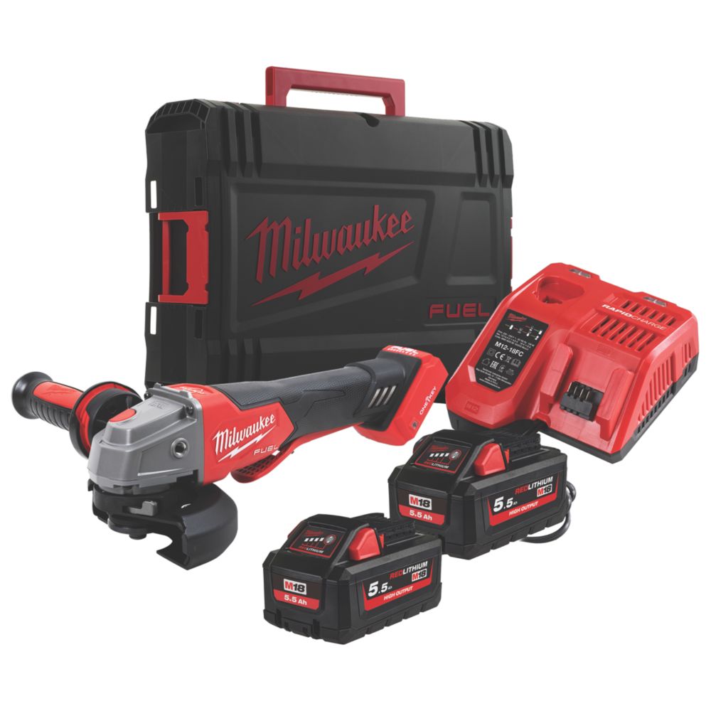 Image of Milwaukee M18ONEFHSAG115XPDB-552X 18V 2 x 5.5Ah Li-Ion RedLithium High Output 4 1/2" Brushless Cordless Angle Grinder 