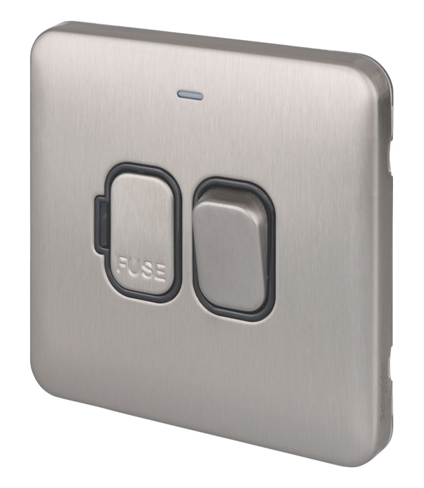 Image of Schneider Electric Lisse Deco 13A Switched Fused Spur with LED Brushed Stainless Steel with Black Inserts 