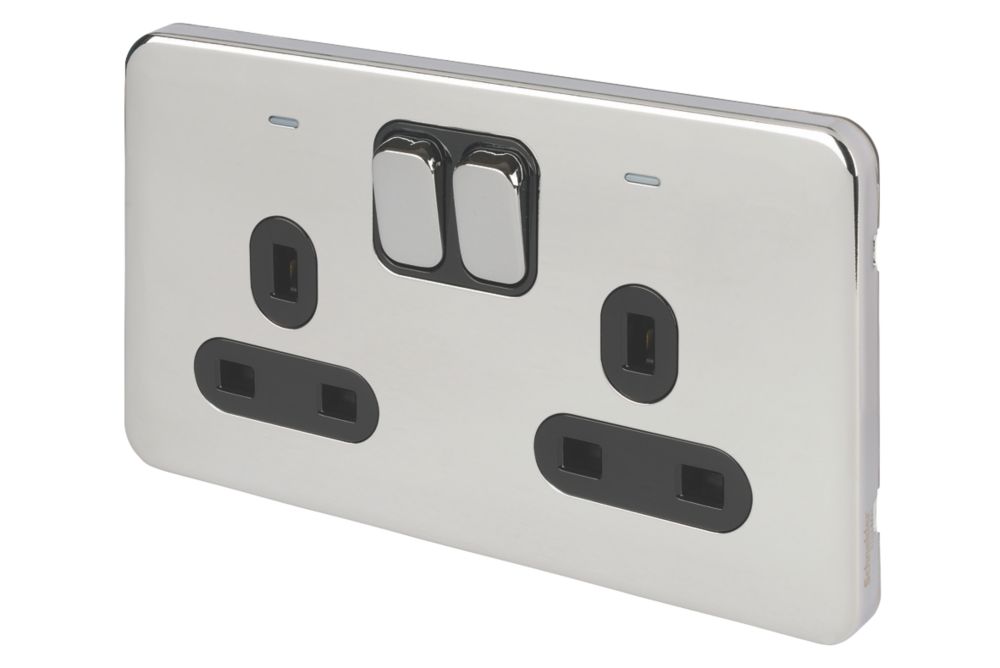 Image of Schneider Electric Lisse Deco 13A 2-Gang DP Switched Plug Socket Polished Chrome with LED with Black Inserts 