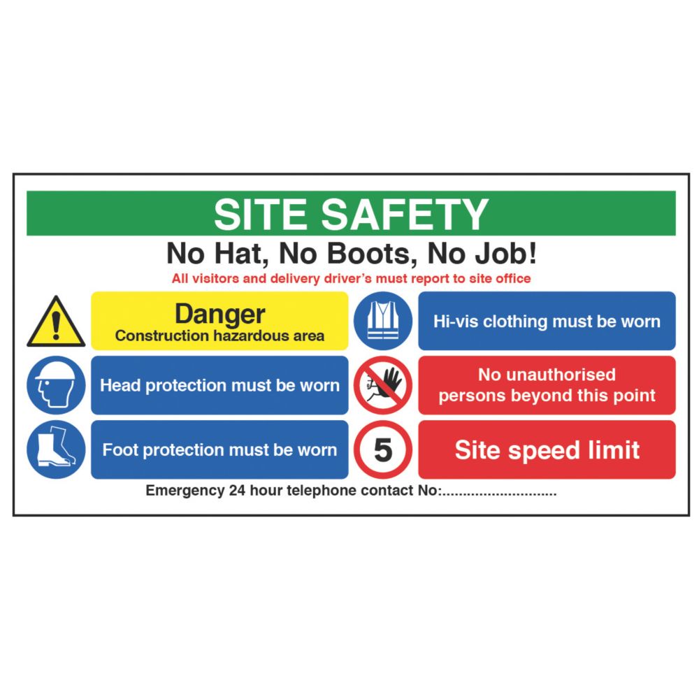 Image of "Site Safety No Hat No Boots" Sign 610mm x 1220mm 