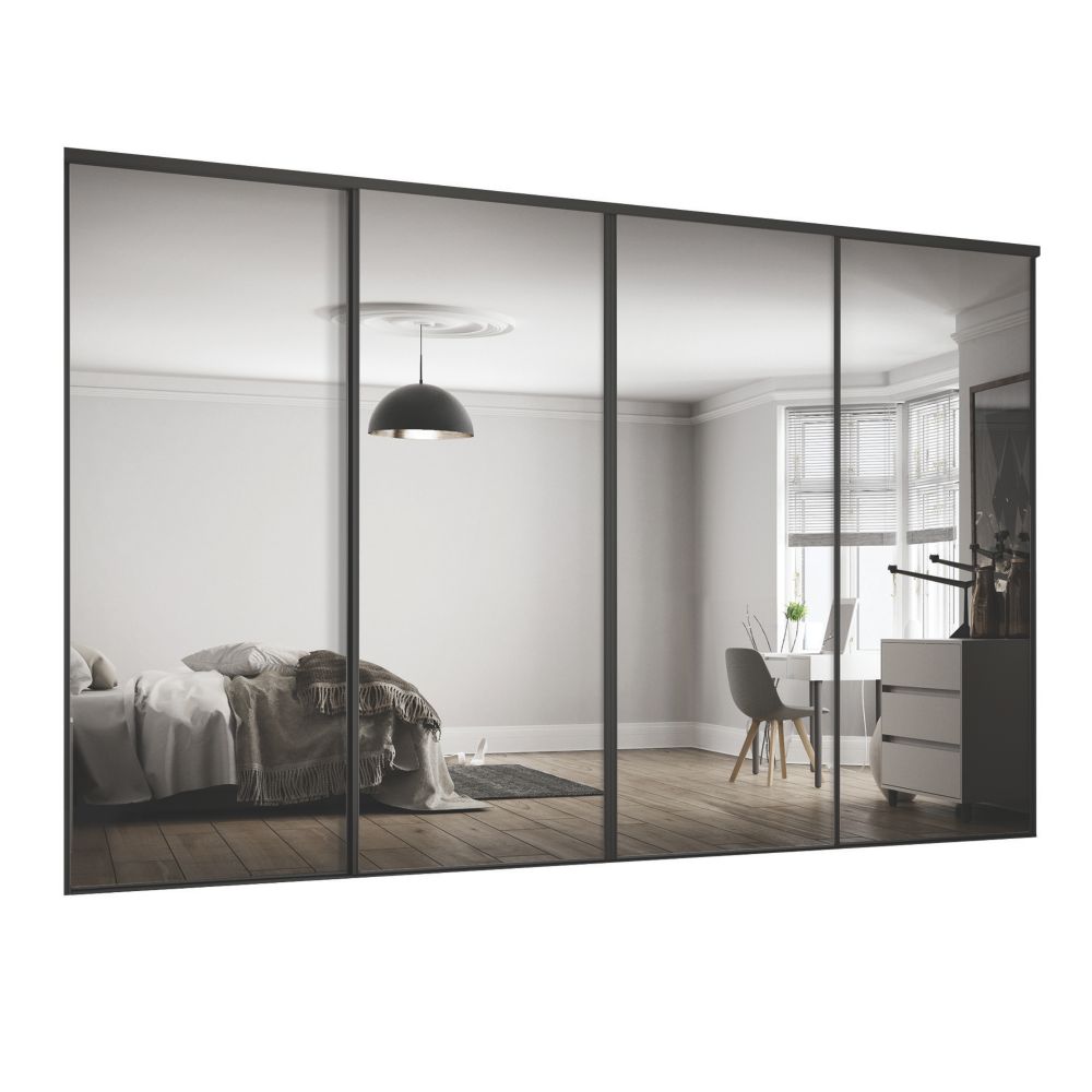 Image of Spacepro Classic 4-Door Framed Sliding Mirror Wardrobe Doors Black Frame Mirror Panel 2978mm x 2260mm 