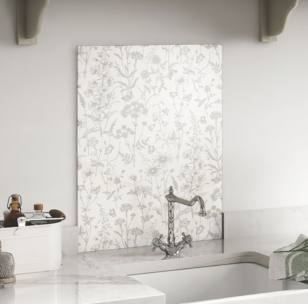 Image of Laura Ashley Lisette White Self-Adhesive Glass Kitchen Splashback 600mm x 750mm x 6mm 